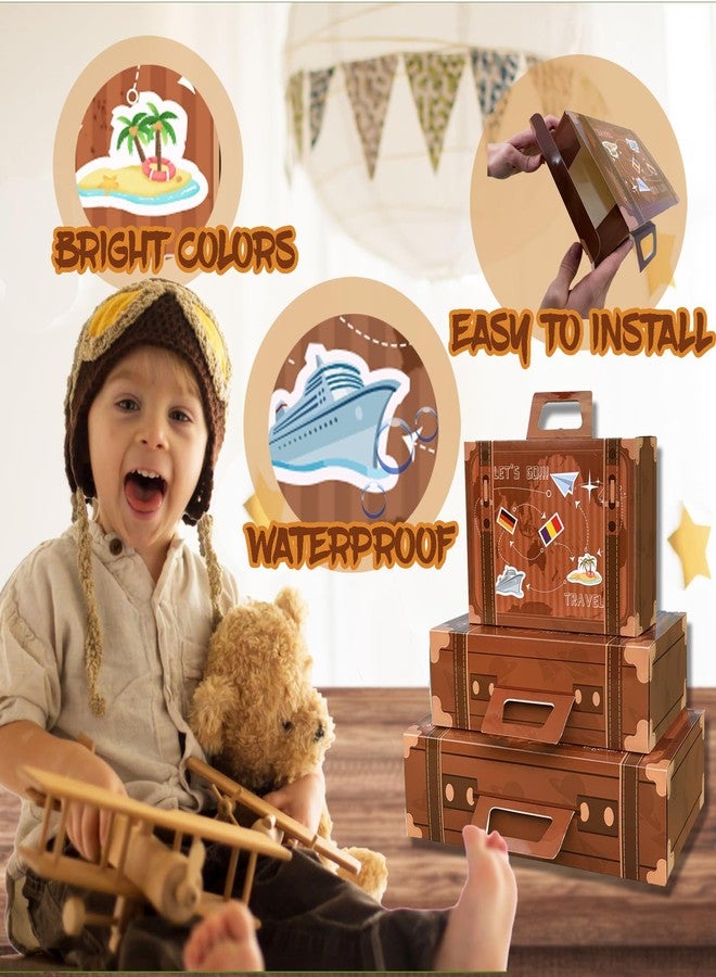 8HREST 6 Pcs Large Vintage Travel Suitcase Box Travel Party Decorations Paperboard Suitcases Gift Box Decorative Set of 3 Small Stackable Storage Chests Decor for Themed Party Favors (Brown) - Image 5